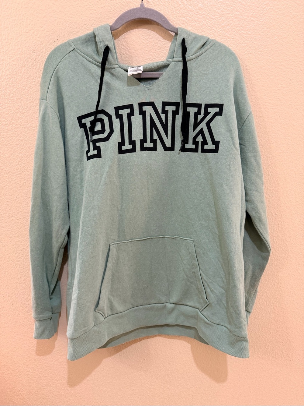 PINK Victoria's Secret Sage Green Notch Neck Logo Hoodie Pullover Sweatshirt M
